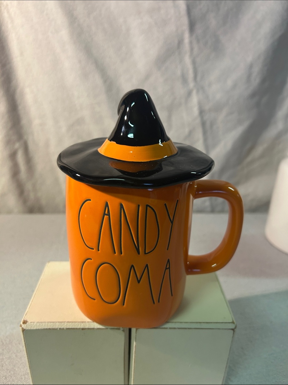 Rae Dunn Orange Ceramic Mug with Black Witch Hat Lid